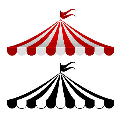 Striped circus awnings, red and white and monochrome stripes. Vector illustration. Circus program announcement template, desing element.