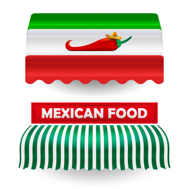 illustrations, cliparts, dessins animés et icônes de auvent de vecteur de nourriture mexicaine pour le magasin, le café, le marché ou le restaurant. modèle de conception promo - spice store