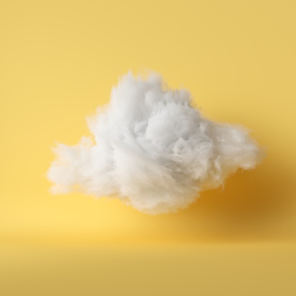 3d render, white fluffy cloud levitating inside the studio. Object isolated yellow background, modern design, abstract metaphor.