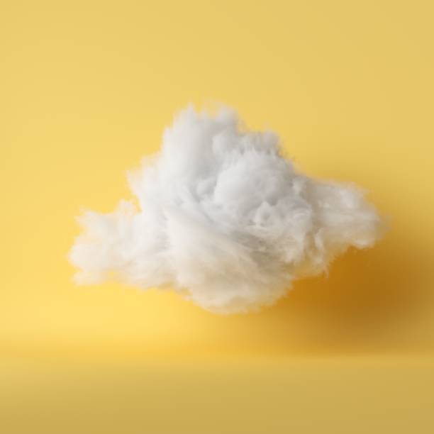 3d render, white fluffy cloud levitating inside the room. Object isolated yellow background, modern design, abstract metaphor. 3d render, white fluffy cloud levitating inside the studio. Object isolated yellow background, modern design, abstract metaphor. cotton cloud stock pictures, royalty-free photos & images