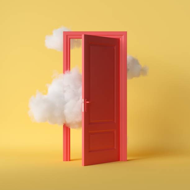 3d рендер, белые пушистые облака, пролетая, открываются красные двери, объекты изолированы на ярко-желтом фоне. абстрактная метафора, соврем� - дверь иллюстрации стоковые фото и изображения