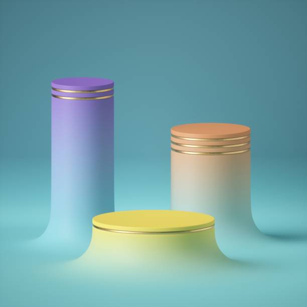 istock 3d render, abstract blue background, modern minimal concept, clean style. Pastel color empty cylinder podium, colorful vacant pedestal, round stage, showcase, product display, futuristic expo platform 1203242113