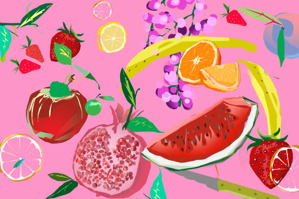 kompozycja owocowa na różowym tle - berry fruit pink vibrant color leaf stock illustrations