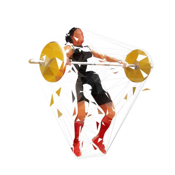 Vector illustration of Weightlifting squats, strong weightlifter woman litfs big barbell, low poly vector isolated illustration