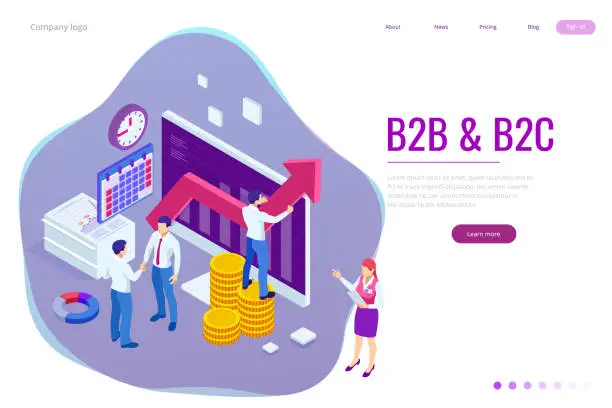 Vector illustration of Isometric Business to Business Marketing, B2B Solution, business marketing concept. Online business, Partnership and Agreement