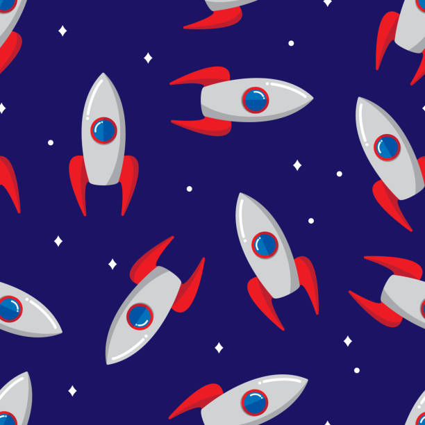 Rocket Pattern Flat 1 Vector illustration of rockets in a repeating pattern against a dark blue background with stars. astronaut backgrounds stock illustrations