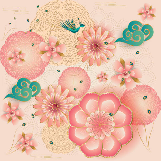 봄 꽃, 꽃 사쿠라, 꽃 복숭아 정원, 우아한 모란, 등불, 공작, 패턴 종이 아트 스타일 - elegance fashion flower spring stock illustrations