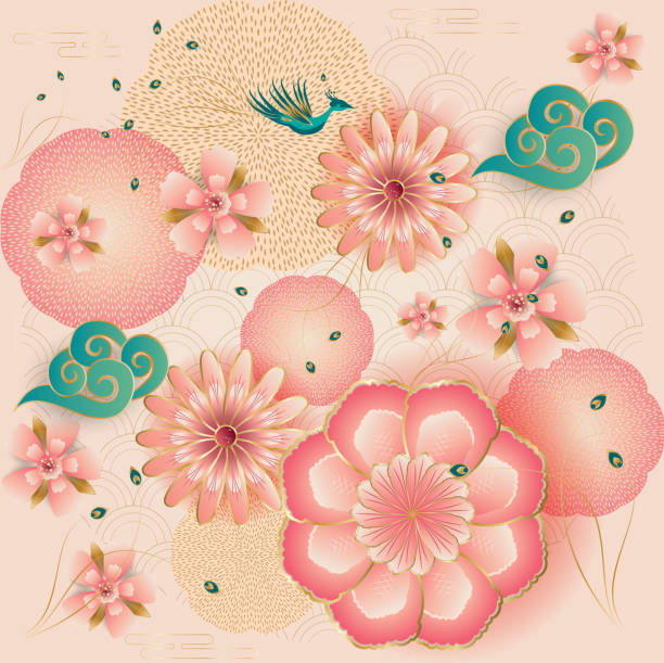 wiosenne kwiaty, kwiaty, kwiat brzoskwiniowy ogród, elegancka piwonia, latarnie, paw, wzór papieru styl sztuki - paw print obrazy stock illustrations