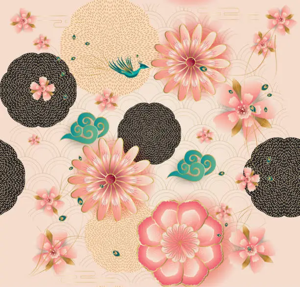 Vector illustration of Spring flowers, blossom sakuras, bloom peach garden, elegant peony, lanterns, peacock, pattern paper art style