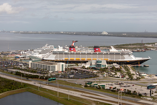 Aerial view of Criuse ship Disney Dream in Port Canaveral Florida photograph taken Jan 2020