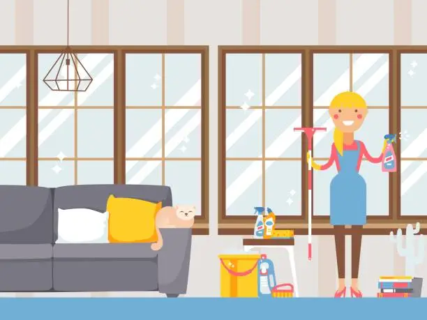Vector illustration of Housewife cleaning apartment, vector illustration. Smiling woman in apron with mop in sparkling clean living room with large windows. Cleanup tools and washing detergents