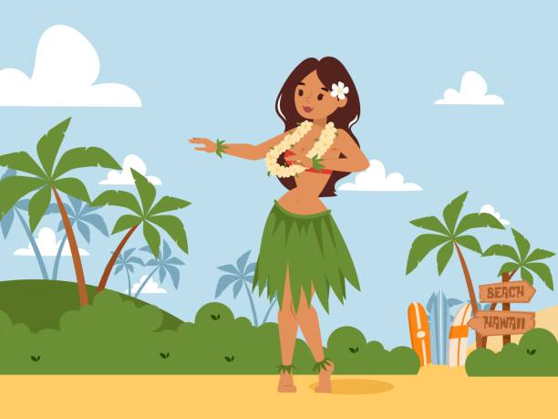 hawaii tanzende frau, vektor-illustration. traditioneller tanz der hawaiianischen kultur, sommerlandschaft. tropische insel, meeresstrand, palmen. schöne mädchen im rock der blätter - women hawaii islands beach beauty in nature stock-grafiken, -clipart, -cartoons und -symbole