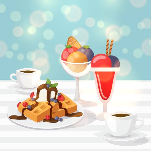 smaczne desery w kawiarni, ilustracja wektorowa. słodkie belgijskie gofry, szkło z kolorowymi lodami i filiżanką kawy. pyszny brunch w letniej kawiarni. świeżo upieczone gofry - waffle breakfast syrup plate stock illustrations