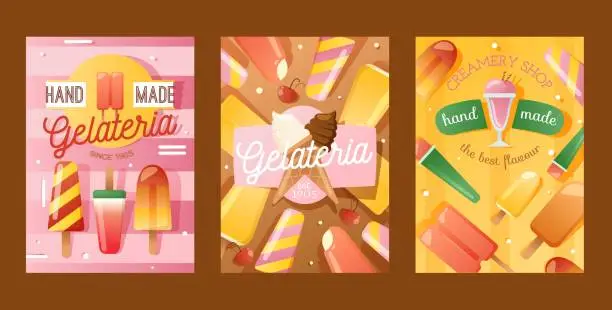 Vector illustration of Ice cream shop banner, vector illustration. Gelateria advertisement flyer, wall poster, hand made gelato. Creamery cafe dessert selection, sweet treats in various flavors