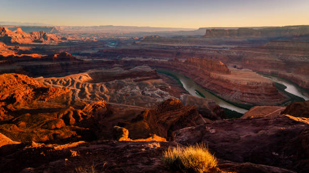 コロラド川とキャニオンランズの上のデッドホースポイント日没時 – ユタ州, アメリカ合衆国 - plant sunset utah canyon ストックフォトと画像