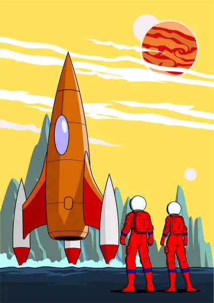 Vector illustration of Vector Astronaut Team on a Distant Planet Stock Illustration