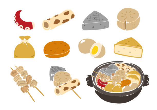 Illustration of oden and ingredients Illustration of Oden pot and its ingredients chikuwa stock illustrations