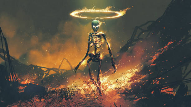 ilustrações, clipart, desenhos animados e ícones de esqueleto demônio com chamas de fogo em fogo infernal - inferno fire flame skull