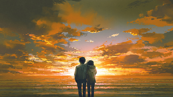 Young Couple Looking At Sunset Beach Stock Illustration - Download Image  Now - Cloud - Sky, Looking, Sea - iStock