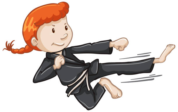 ilustrações, clipart, desenhos animados e ícones de atleta fazendo chute de karatê em fundo branco - martial arts child judo computer graphic