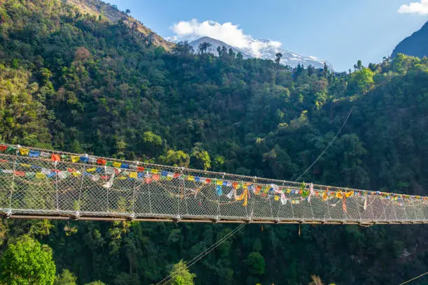 Photo of The suspension bridge named 'New Bridge' (278 m long) located nearly Jhinu Danda village, Nepal.