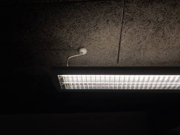 istock Tube light fixture under a cork board ceiling 1203293624
