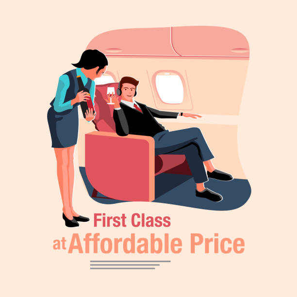 ilustraciones, imágenes clip art, dibujos animados e iconos de stock de vuelo de primera clase - viaje en primera clase