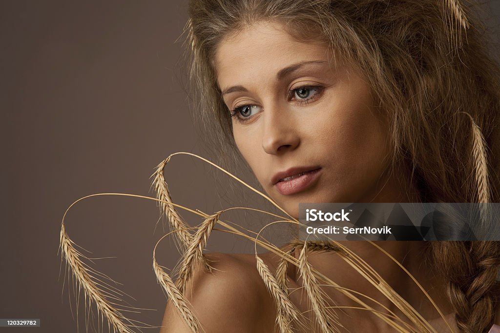 Rural woman portrait Classic style woman portrait with ears of wheat and calm expression on face with professional make up and hair style Adult Stock Photo