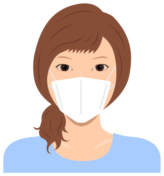 ilustrações, clipart, desenhos animados e ícones de jovem asiática (parte superior do corpo ) usando uma ilustração vetorial de máscara / coronavirus (febre do feno da gripe etc.)  prevenção. - hay fever