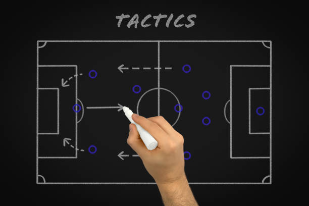 Hand of football coach explaining soccer match tactics on black chalk board stock photo