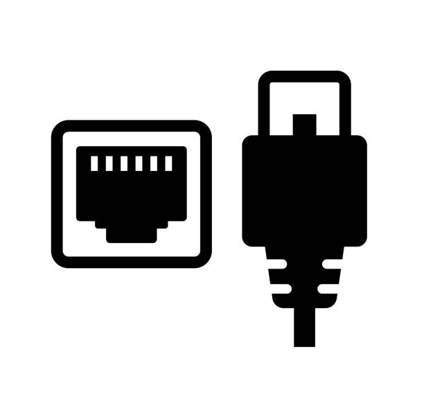 ilustrações, clipart, desenhos animados e ícones de ilustração do ícone vetor do cabo lan e conector (plug) - cable audio equipment electric plug computer cable