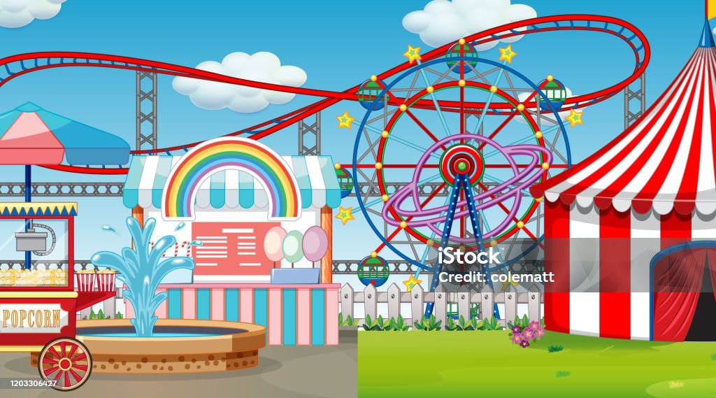Fun Fair Rides Sign Backgrounds Scene With Many Rides In The Fun Fair Stock Illustration - Download ...