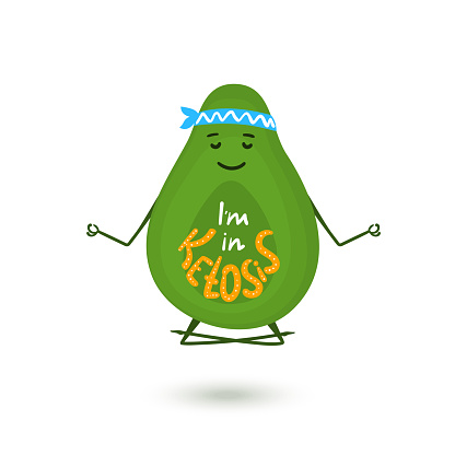 Avocado cartoon character is meditating in lotus position. Hand drawn lettering I'm in Ketosis. Healthy lifestyle concept.