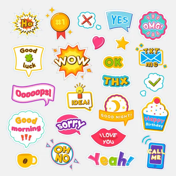 Vector illustration of Bright Stickers with Short and Expressive Phrases