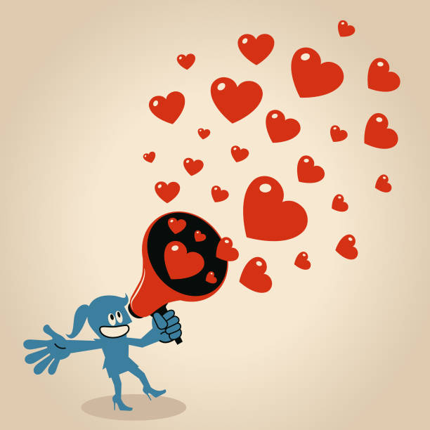 uśmiechnięta młoda kobieta trzymająca megafon z mnóstwem symboli miłości serca - valentines day hearts audio stock illustrations