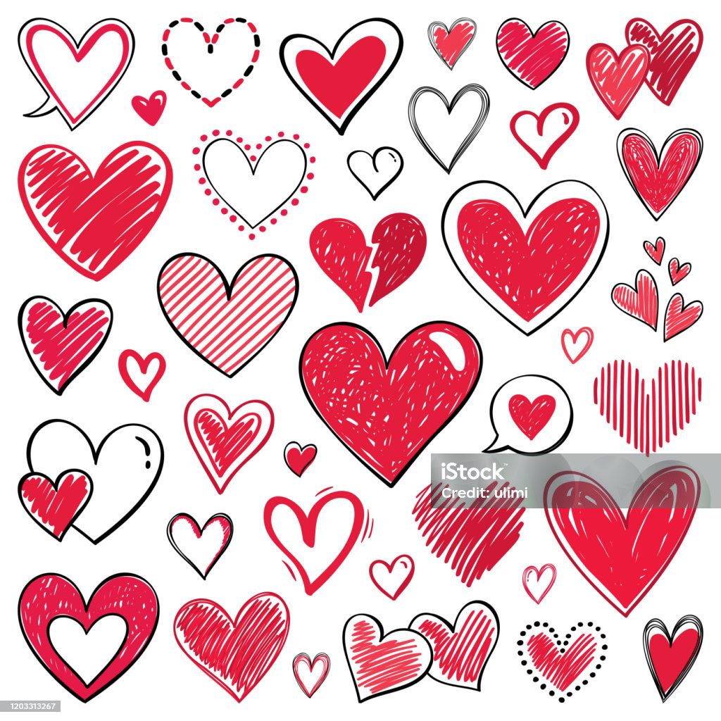 Hearts Set of hand drawn vector hearts. Doodle design elements isolated on white background. Heart Shape stock vector