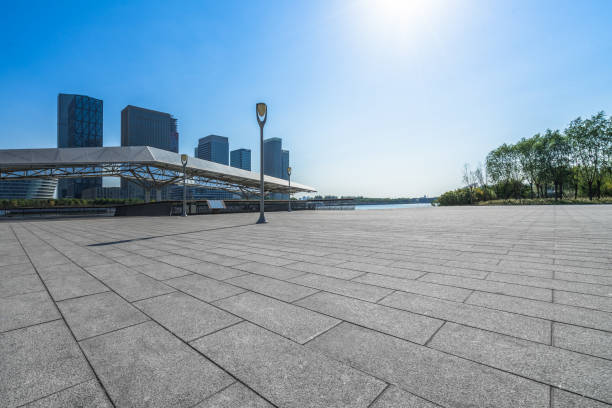 istock empty brick floor with cityscape and skyline 1203313328
