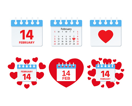 February 14 calendar icon. Valentines day. Vector. Page of calendar with symbols of Love, isolated on white background. Holiday date. Color illustration in flat design.