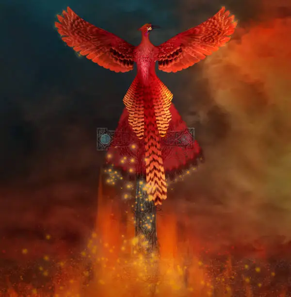 Legendary phoenix on a cross coming back alive from flames - 3D render