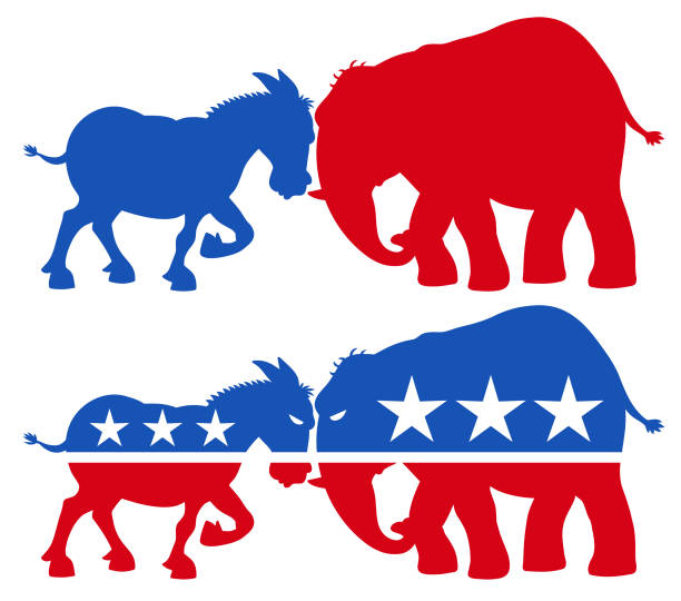 Republican Elephant Vs Democratic Donkey- Silhouettes Vector illustration of a red republican elephant and a blue democratic donkey facing off. Concept for US politics, elections, election debates, american culture, confrontation and presidential election. donkey stock illustrations