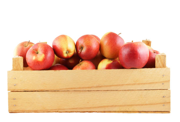 istock Wooden crate with apples isolated on white 1203327053
