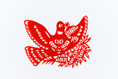 Chinese traditional paper-cut art pattern, tracery. Symbol of happiness and good luck. Animals-birds. Chinese new year decoration elements. Chinese characters (blessing, longevity, peace, wealth, cornucopia)