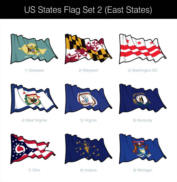US States Flag Set - East US East States Flag Set. The set includes the waving flags of Washington DC, Maryland, Delaware, West Virginia, Virginia, Kentucky, Ohio, Indiana n Michigan. Vector Icons all elements neatly on Layers columbus ohio sign stock illustrations