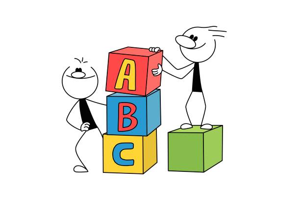 ilustrações, clipart, desenhos animados e ícones de homens e cubos de árvores com letras. - alphabet brick construction toy