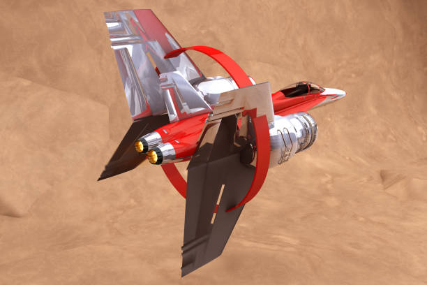 istock Futuristic Fighter Plane Flying on Mars Desert 1203331143