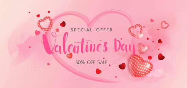 happy valentine's day, różowy styl akwarela, wyprzedaż baner promocyjny, plakat lub ulotka wektor ilustracja 3d styl, walentynki super sprzedaż promocji zakupy online. - cherry valentine stock illustrations