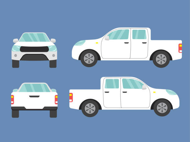 satz von weißen pickup lkw autoansicht auf blauem hintergrund, illustration vektor, seite, vorne, zurück - truck pick up truck side view car stock-grafiken, -clipart, -cartoons und -symbole