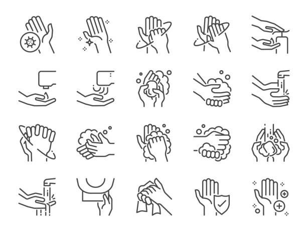 zestaw ikon linii mycia rąk. zawarte ikony jak pranie, bibuła, czyszczenie, suszarka do rąk, mydło, wytrzeć, sanitarnych i więcej. - washing hand stock illustrations