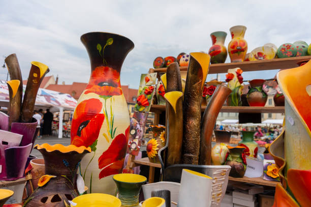 Colorful details and ornaments of traditional Mexican ceramic crafts, found in Old town in San Diego