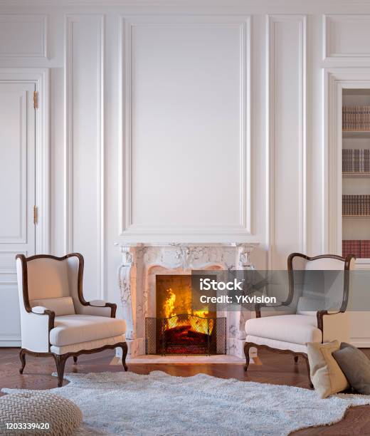 Classic White Interior With Fireplace Armchairs Moldings Wall Pannel Carpet Fur 3d Render Illustration Mock Up Stock Photo - Download Image Now